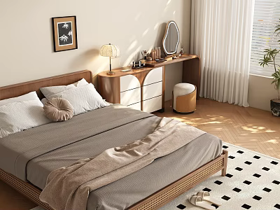 Cozy Bedroom Interior With Wooden Headboard Gray Bed Sheets Throw Pillow And Black White Rug 3d model