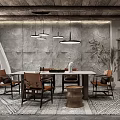 Modern Industrial Restaurant Interior With Wooden Ceiling Hanging Lamps Dining Table Chairs And Rug