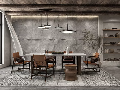 Modern Industrial Restaurant Interior With Wooden Ceiling Hanging Lamps Dining Table Chairs And Rug 3d model