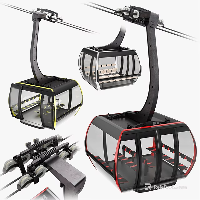 Modern Cable Car Cabins With Transparent Windows Different Designs And Mechanical Parts 3d model 