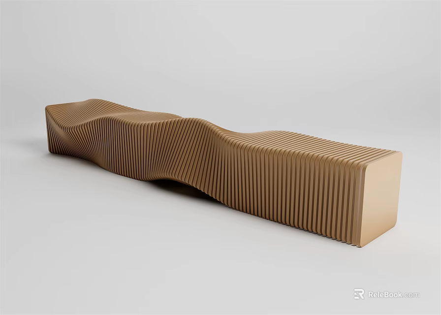 Modern Brown Public Bench With Wave Shaped Structure And Striped Texture 3d model 