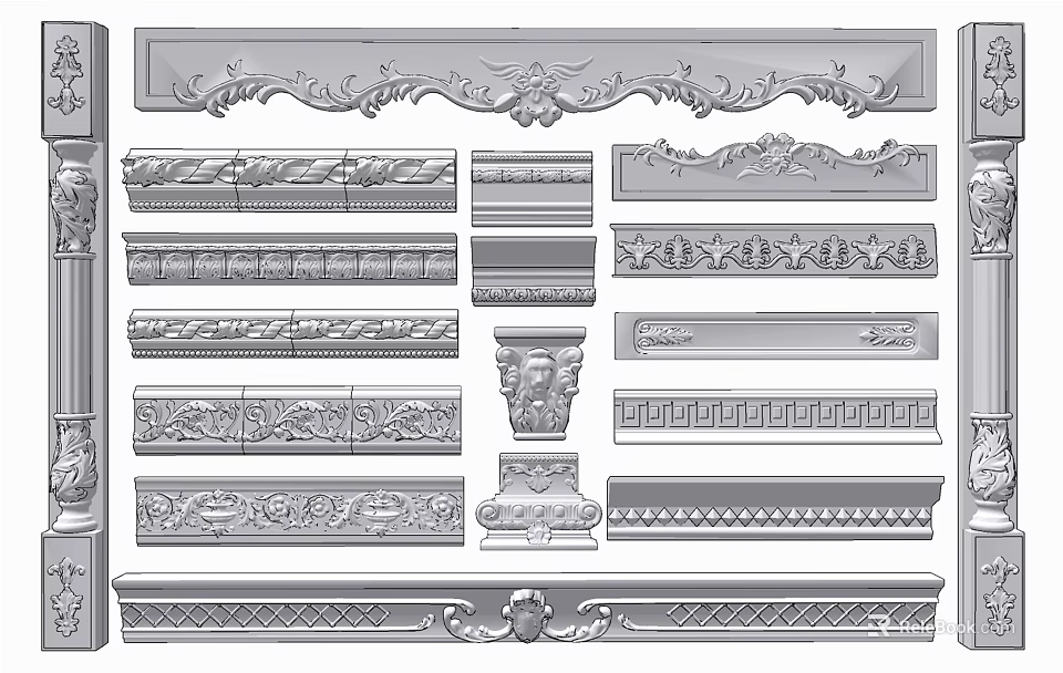 Various Gypsum Molding Designs With Ornate Patterns And Intricate Carvings 3d model 