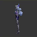 3D Rendered Fantasy Female Character with White Hair Blue Horn Purple Blue Outfit Red Decoration