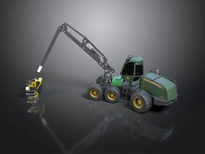 Green Wheeled Vehicle With Long Arm And Grabber Attachment For Material Handling 3d model