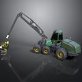 Green Wheeled Vehicle With Long Arm And Grabber Attachment For Material Handling