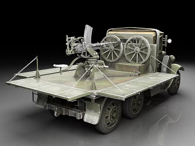 Antique Military Truck With Large Mounted Cannon On Flatbed Structure 3d model