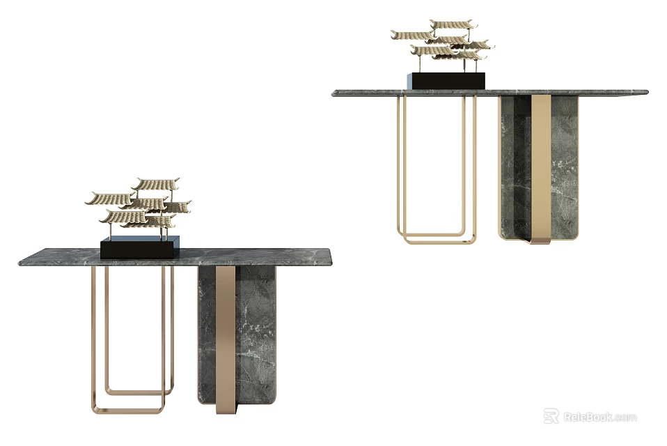 Modern Elegant Console Table With Marble Tabletop Gold Metal Frame And Decorative Sculptures 3d model 