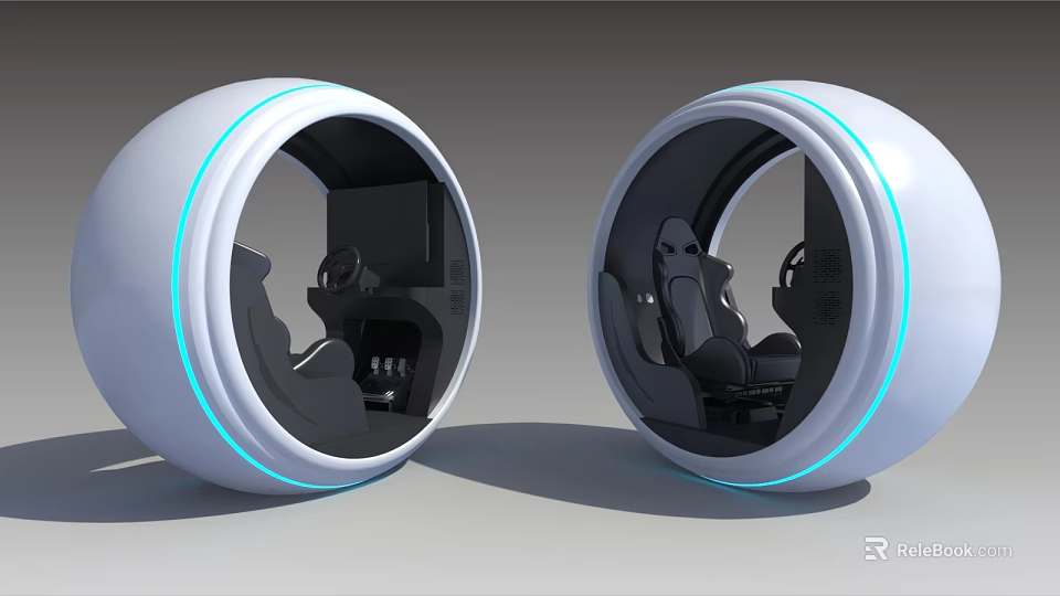 Futuristic Circular Pod Interior With Seats Control Panel And Blue Light Accents 3d model