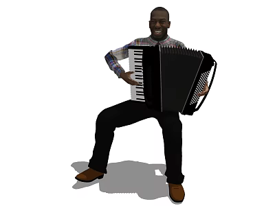 Man Playing Black Accordion With Smiling Expression Wearing Plaid Shirt And Brown Shoes 3d model