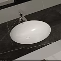 Stylish White Oval Washbasin with Silver Faucet on Black Marble Countertop
