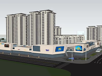Modern High Rise Residential And Commercial Complex With Glass Facades And Retail Storefronts 3d model