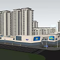 Modern High Rise Residential And Commercial Complex With Glass Facades And Retail Storefronts