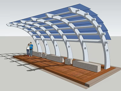 Modern Arched Pergola With Blue Transparent Roof White Columns And Wooden Floor 3d model