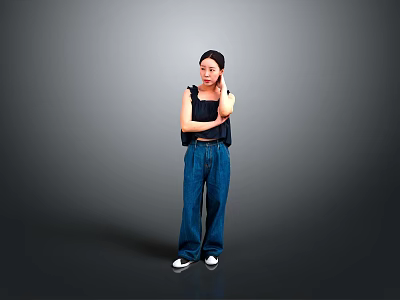 Stylish Woman In Black Top And Blue Jeans With Crossed Arms Standing Against Gray Background 3d model