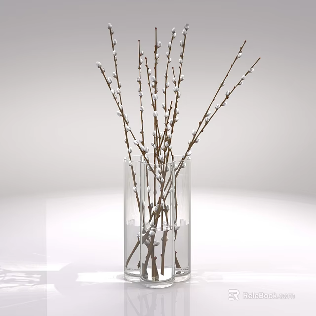 Clear Glass Vase With White Bud Branches In Simple White Setting 3d model