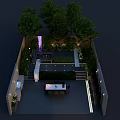 Modern Garden Landscape With Outdoor Dining Area Trees Lighting And Decorative Plants