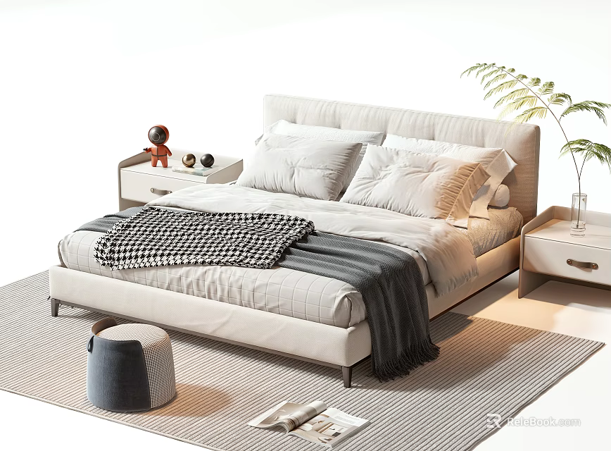 Modern Double Bed With Pillows Blankets Bedside Tables Decorative Items Potted Plant And Rug 3d model 