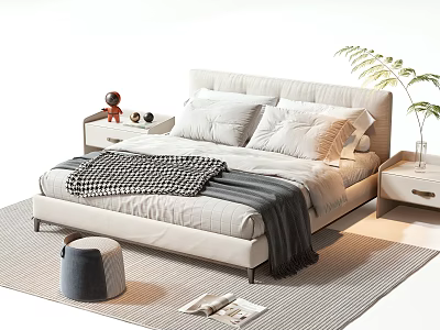 Modern Double Bed With Pillows Blankets Bedside Tables Decorative Items Potted Plant And Rug 3d model