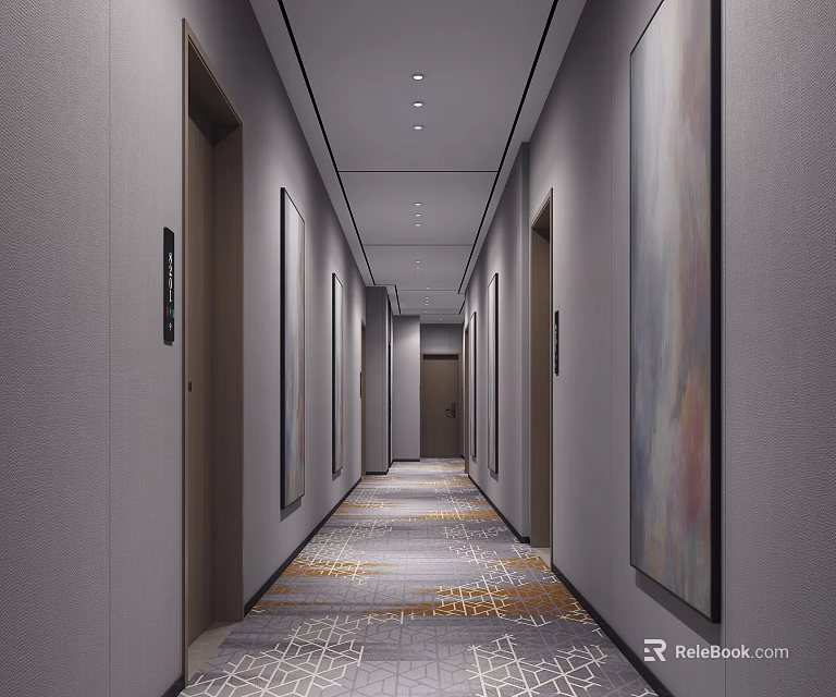 Modern Elevator Hallway Interior With Ceiling Lights Wall Art And Patterned Carpet 3d model