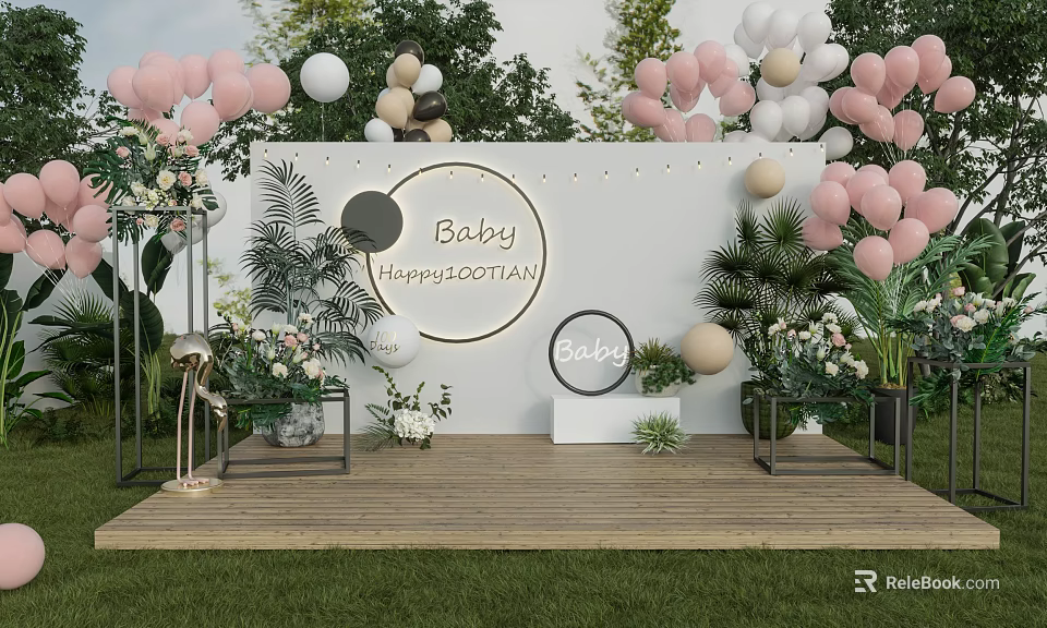 Outdoor Baby Baptism Party Decor With Pink White Balloons Green Plants And Flowers 3d model 