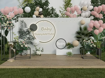 Outdoor Baby Baptism Party Decor With Pink White Balloons Green Plants And Flowers 3d model
