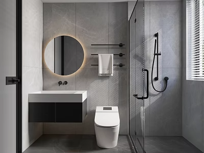 Modern Bathroom Interior With Round Illuminated Mirror Wall Mounted Sink Smart Toilet And Glass Shower 3d model