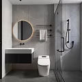 Modern Bathroom Interior With Round Illuminated Mirror Wall Mounted Sink Smart Toilet And Glass Shower