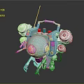 Green Robot Mechanical Creature With Metallic Parts Red Lights And Antenna 3d model