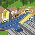Contemporary Public Building With Wooden Glass Walls Yellow Bridge And Trees Around Striped Pavement