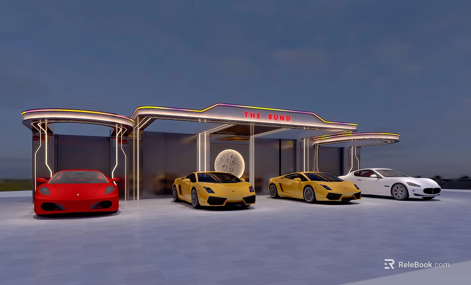 Carport with TIME RACING Sign and Red Yellow White Sports Cars 3d model 