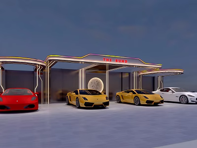 Carport with TIME RACING Sign and Red Yellow White Sports Cars 3d model