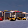 Carport with TIME RACING Sign and Red Yellow White Sports Cars