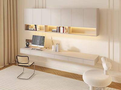 Modern Office Chair in Minimalist Home Office Setup with Wall Mounted Desk and Computer 3d model