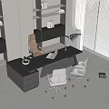 Contemporary Office Desk With Black Surface Ergonomic Chairs Bookshelves Laptop And Plant