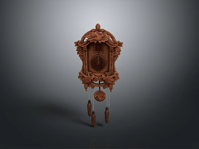 Elegant Brown Wooden Wall Clock With Intricate Carvings And Decorative Pendulums 3d model