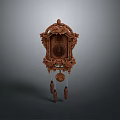 Elegant Brown Wooden Wall Clock With Intricate Carvings And Decorative Pendulums