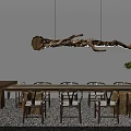 Modern Wooden Dining Table Set With Hanging Branch Light And Green Plants Decoration