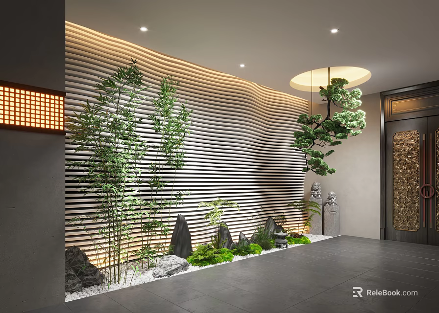 Zen Style Indoor Landscape With Bamboo Plants Striped Wooden Wall And Decorative Stones 3d model 