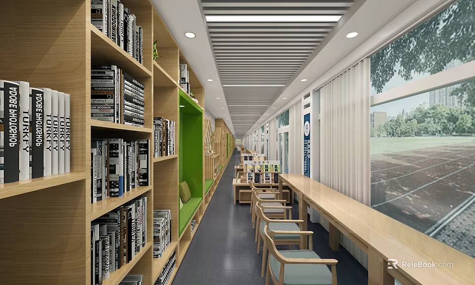 School Library Interior With Bookshelves Wooden Chairs Long Tables Windows And Green Plants 3d model 