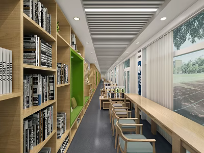 School Library Interior With Bookshelves Wooden Chairs Long Tables Windows And Green Plants 3d model