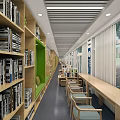 School Library Interior With Bookshelves Wooden Chairs Long Tables Windows And Green Plants