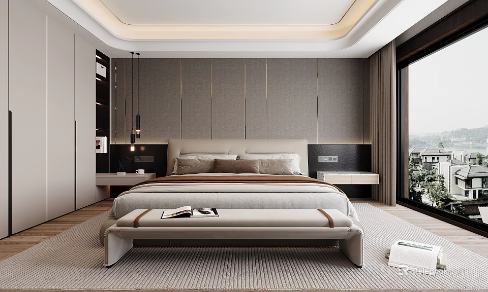 Elegant Modern Bedroom Interior With Paneled Wall Bed Bench And Pendant Lights 3d model 