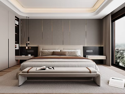 Elegant Modern Bedroom Interior With Paneled Wall Bed Bench And Pendant Lights 3d model