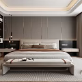 Elegant Modern Bedroom Interior With Paneled Wall Bed Bench And Pendant Lights