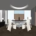 Modern Restaurant Interior With Round Marble Dining Table White Chairs Ceiling Light And Plants 3d model