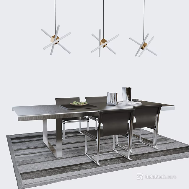 Modern Dining Table Set With Black Chairs Star Shaped Pendant Lights And Table Decor 3d model