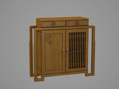 Traditional Style Wooden Shoe Cabinet With Carved Doors Lattice Design And Drawer 3d model