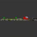 Cartoon Scene With Green Grassland Red Roof House Wooden Bridge And Round Platform