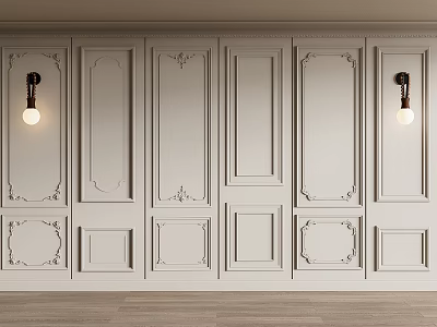 Elegant White Wainscoting Wall Design With Decorative Moldings Wall Sconces And Wooden Flooring 3d model