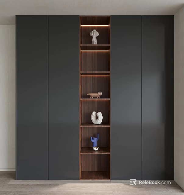 Modern Wardrobe With Dark Panels And Wooden Open Shelves Displaying Decorative Sculptures 3d model 